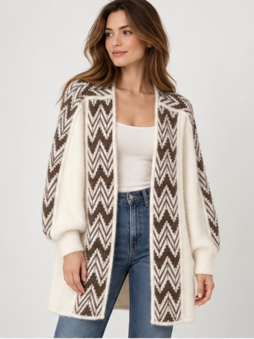 Vintage Nina Ricci Pearl Beaded Chevron Knit Long Cardigan Ivory M/L